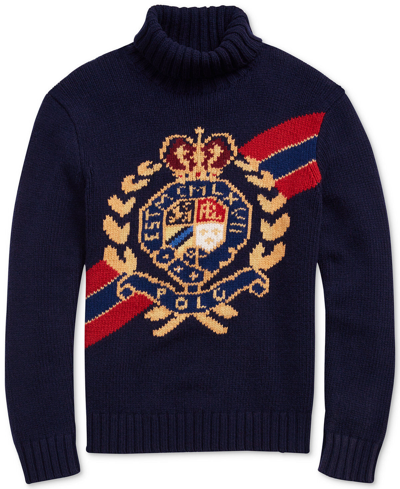 Pre-owned Polo Ralph Lauren Vtg 100% Wool Crest Crown Ski Turtleneck Knit Sweater Hi Tech In Blue