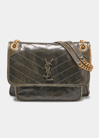 Shop Saint Laurent Niki Medium Ysl Monogram Flap Shoulder Bag In Greyish Brown
