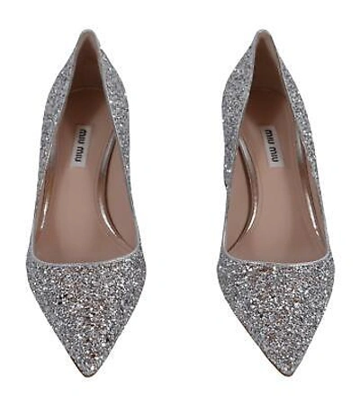 Pre-owned Miu Miu Donna Silver Glitter Crystals Pumps Heels Shoes 38 51500c 3b4x