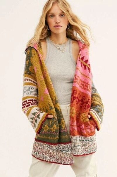 Pre-owned Free People Canyon Vibes Cardi Cardigan Patterns Size M/l Hooded In Multicolor