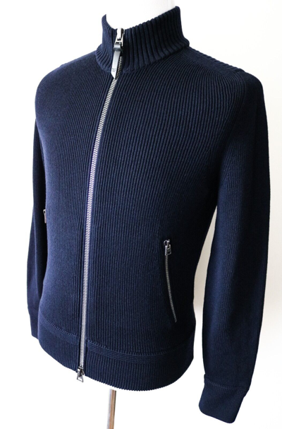 Pre-owned Tom Ford Navy Blue Ribbed Full Zip Bomber Cardigan Jacket Size 58 Euro 3xl Xxxl