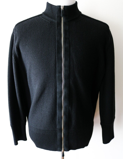 Pre-owned Tom Ford Black Ribbed Full Zip Suede Trim Bomber Cardigan Jacket 52 Euro Large