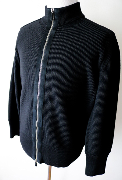 Pre-owned Tom Ford Black Ribbed Full Zip Suede Trim Bomber Cardigan Jacket 52 Euro Large