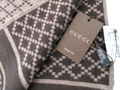 Pre-owned Gucci 347965 Unisex 100% Wool Diamante Reversible Brown/tan Scarf Muffler