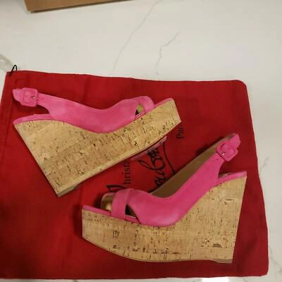 Pre-owned Christian Louboutin Reine De Liege Platform Cork Wedge Heel Sandals Shoes $675 In Pink