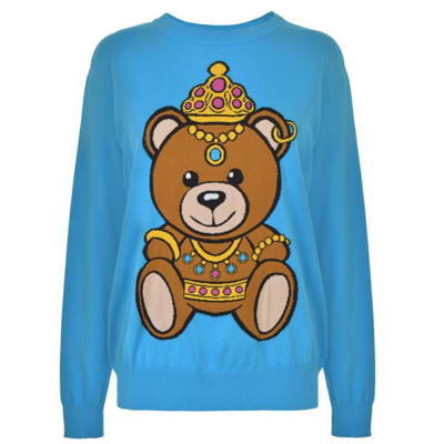 Pre-owned Moschino Ss17  Couture Jeremy Scott Crowned Teddy Bear Jumper Light Blue Sweater