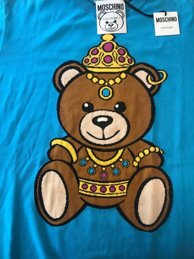 Pre-owned Moschino Ss17  Couture Jeremy Scott Crowned Teddy Bear Jumper Light Blue Sweater