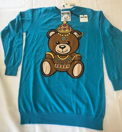 Pre-owned Moschino Ss17  Couture Jeremy Scott Crowned Teddy Bear Jumper Light Blue Sweater