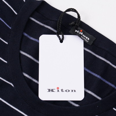 Pre-owned Kiton $1395  Navy Striped Fine-gauge Cotton-silk Sweater M (eu 50) Slim-fit In Blue