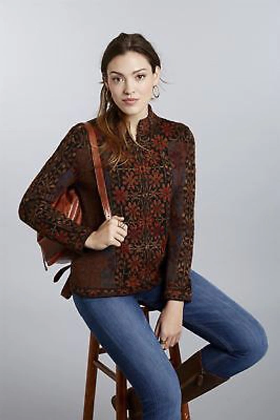 Pre-owned Invisible World Women's 100% Pure Alpaca Floral Cardigan Sweater "ophelia" In Brown