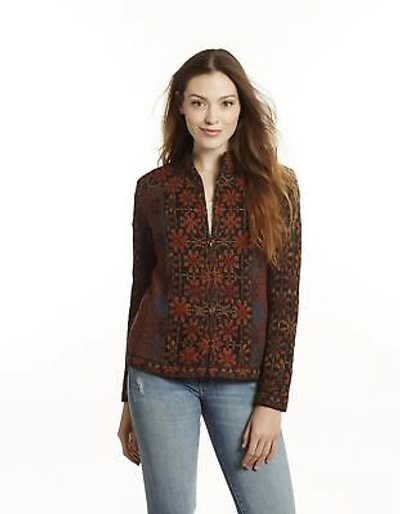 Pre-owned Invisible World Women's 100% Pure Alpaca Floral Cardigan Sweater "ophelia" In Brown