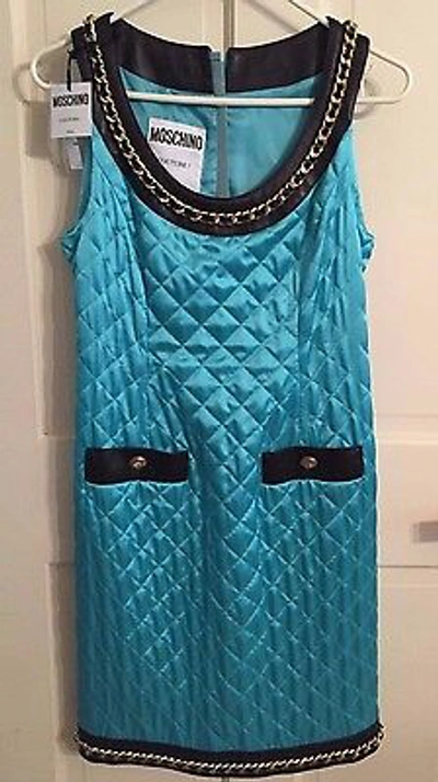 Pre-owned Moschino $3595  Couture Jeremy Scott Turquoise Quilted Barbie Satin Dress Leather In Blue