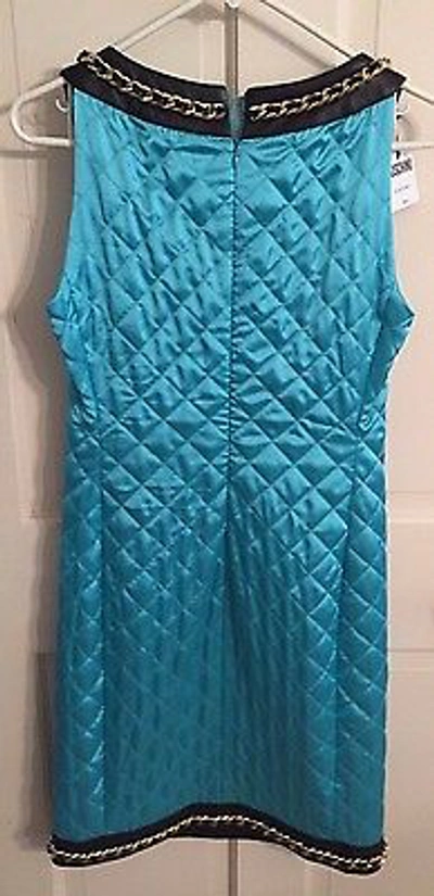 Pre-owned Moschino $3595  Couture Jeremy Scott Turquoise Quilted Barbie Satin Dress Leather In Blue