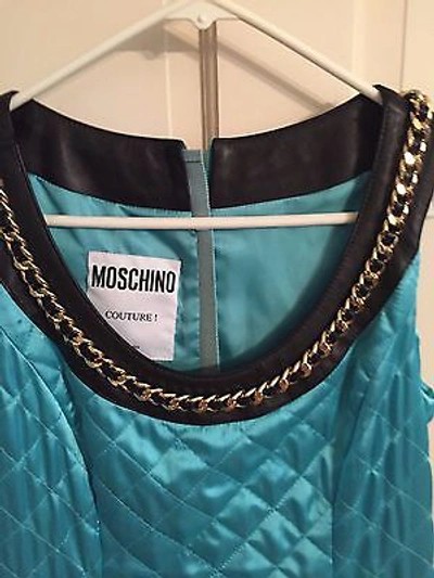 Pre-owned Moschino $3595  Couture Jeremy Scott Turquoise Quilted Barbie Satin Dress Leather In Blue
