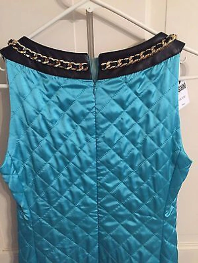 Pre-owned Moschino $3595  Couture Jeremy Scott Turquoise Quilted Barbie Satin Dress Leather In Blue