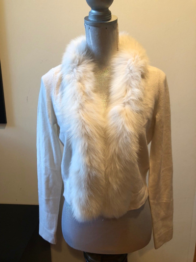 Pre-owned Bloomingdale's C By Bloomingdale Cashmere Ivory Fox Fur Trim Bolero Cardigan Sweater Size L In White