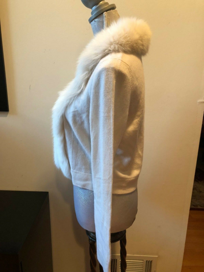 Pre-owned Bloomingdale's C By Bloomingdale Cashmere Ivory Fox Fur Trim Bolero Cardigan Sweater Size L In White