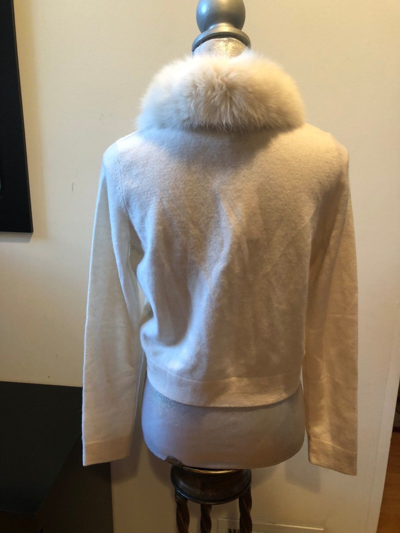 Pre-owned Bloomingdale's C By Bloomingdale Cashmere Ivory Fox Fur Trim Bolero Cardigan Sweater Size L In White
