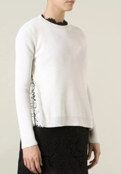 Pre-owned Valentino Lace Panel Inset Pullover Sweater Size Medium Ivory Z376-35 In White
