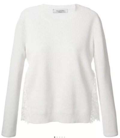 Pre-owned Valentino Lace Panel Inset Pullover Sweater Size Medium Ivory Z376-35 In White