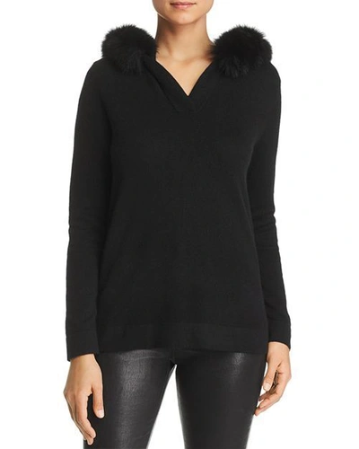 Pre-owned Bloomingdale's C By Bloomingdale Cashmere Hooded Fox Fur Trim Black Long Sleeve Sweater S