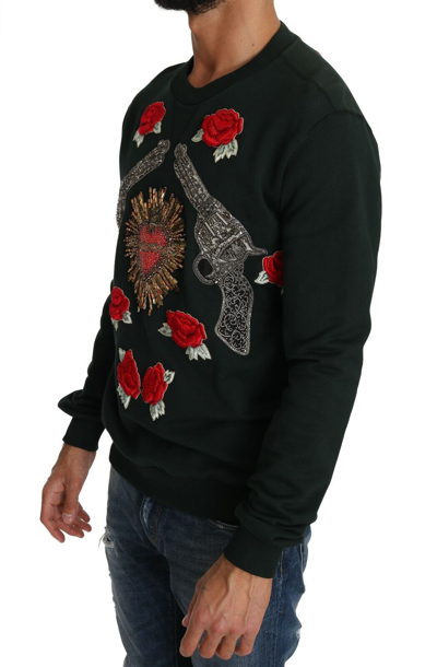 Pre-owned Dolce & Gabbana Sweater Green Crystal Heart Roses Gun S. It52 / Xl Rrp $4900