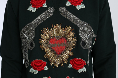 Pre-owned Dolce & Gabbana Sweater Green Crystal Heart Roses Gun S. It52 / Xl Rrp $4900
