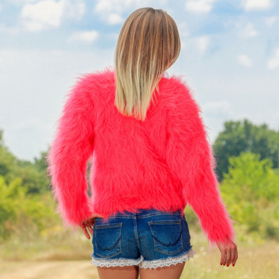 Pre-owned Supertanya Neon Red Coral Cropped Mohair Sweater Fuzzy Top Hand Knitted Jumper