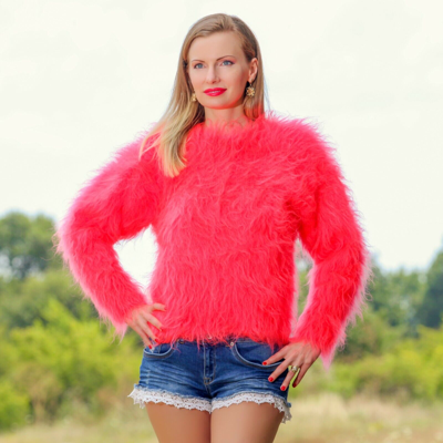Pre-owned Supertanya Neon Red Coral Cropped Mohair Sweater Fuzzy Top Hand Knitted Jumper