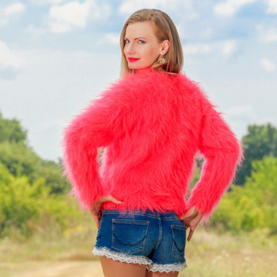 Pre-owned Supertanya Neon Red Coral Cropped Mohair Sweater Fuzzy Top Hand Knitted Jumper