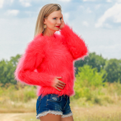 Pre-owned Supertanya Neon Red Coral Cropped Mohair Sweater Fuzzy Top Hand Knitted Jumper