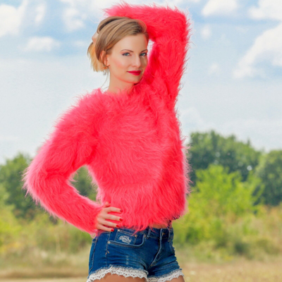 Pre-owned Supertanya Neon Red Coral Cropped Mohair Sweater Fuzzy Top Hand Knitted Jumper