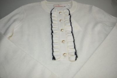 Pre-owned Tory Burch $350  Emily Ivory Cashmere Sweater Black Ruffle Pearl Button S M In White