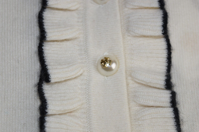 Pre-owned Tory Burch $350  Emily Ivory Cashmere Sweater Black Ruffle Pearl Button S M In White