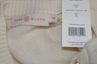 Pre-owned Tory Burch $350  Emily Ivory Cashmere Sweater Black Ruffle Pearl Button S M In White