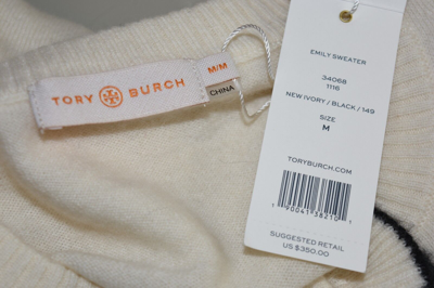 Pre-owned Tory Burch $350  Emily Ivory Cashmere Sweater Black Ruffle Pearl Button S M In White