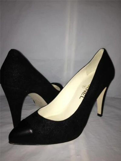 Pre-owned Chanel 13c Black Suede Leather Pointed Cap Toe Platform Pumps Heels Shoes $795