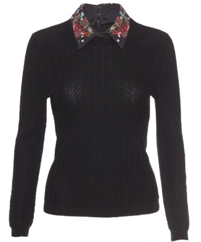 Pre-owned Alice And Olivia Alice + Olivia Brooke Bird Embroidered Collared Sweater In Black Size S