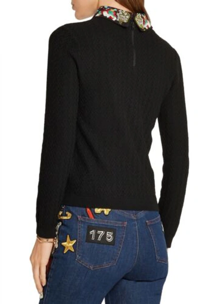 Pre-owned Alice And Olivia Alice + Olivia Brooke Bird Embroidered Collared Sweater In Black Size S