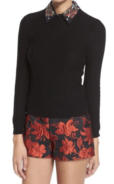 Pre-owned Alice And Olivia Alice + Olivia Brooke Bird Embroidered Collared Sweater In Black Size S