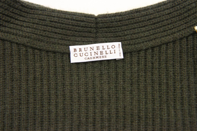 Pre-owned Brunello Cucinelli $3675  100% Cashmere Rib Color-block Caped Cardigan M A181 In Olive Green + Charcoal Gray
