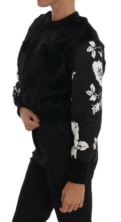 Pre-owned Dolce & Gabbana Sweater Black Fur Floral Brocade Zipper It36 / Us2/ Xs Rrp $3960