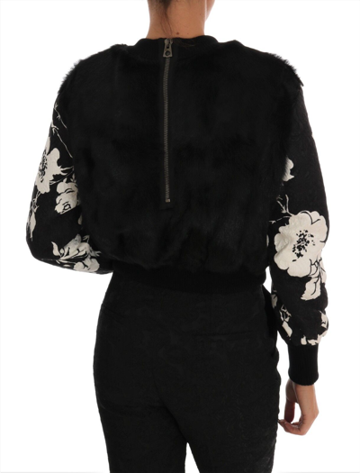 Pre-owned Dolce & Gabbana Sweater Black Fur Floral Brocade Zipper It36 / Us2/ Xs Rrp $3960