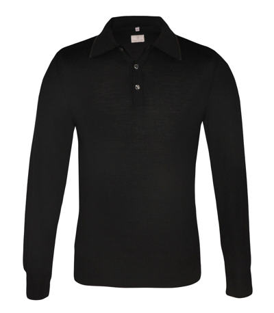 Pre-owned Cortigiani Men's Black Virgin Wool Polo Sweater Leather Details, Size 48 (s)