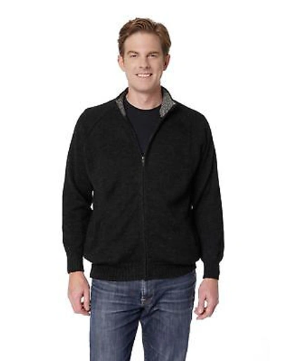 Pre-owned Invisible World Men's Pure Alpaca Zip-front Mock Neck Cardigan Sweater Charcoal "aldo" In Multicolor