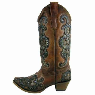 Pre-owned Corral Boots Corral Women's Honey Overlay Studs Snip Toe Boot E1508 In Brown