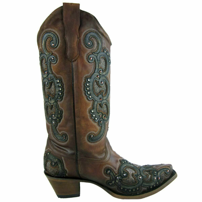 Pre-owned Corral Boots Corral Women's Honey Overlay Studs Snip Toe Boot E1508 In Brown