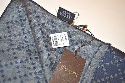 Pre-owned Gucci 344995 Reversible Wool Gg & Diamante Logo Blue/gray Scarf Muffler