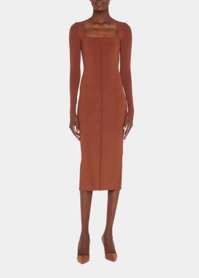 Shop Victoria Beckham Vb Body Fitted Square Neck Midi Dress In Brown