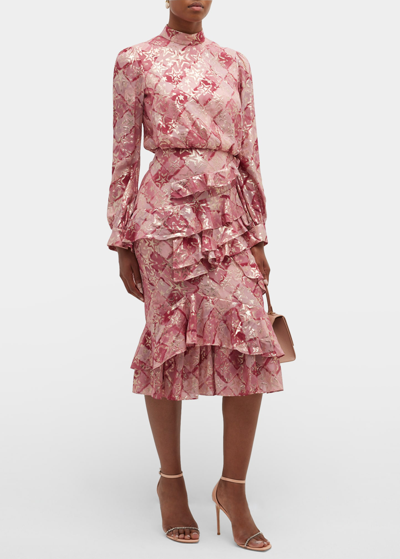 Shop Saloni Isa Mock-neck Floral-print Silk Midi Dress In Rose Check